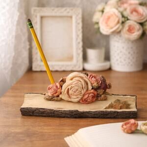 Rustic Floral Wood Slice Pen Holder Desk Organizer 8x4